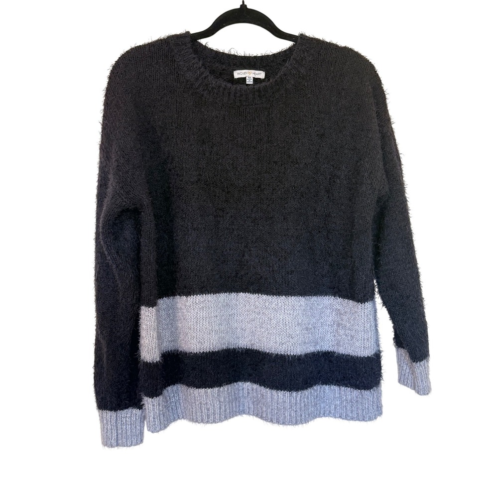 Woven Heart Womens Eyelash Knit Striped Sweater Black Grey Crew Neck JY17927 M